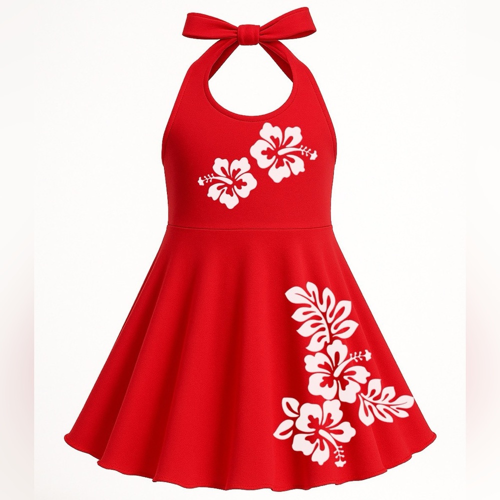 Red White Hawaiian Luau Comfy Knit Little Girl Dress